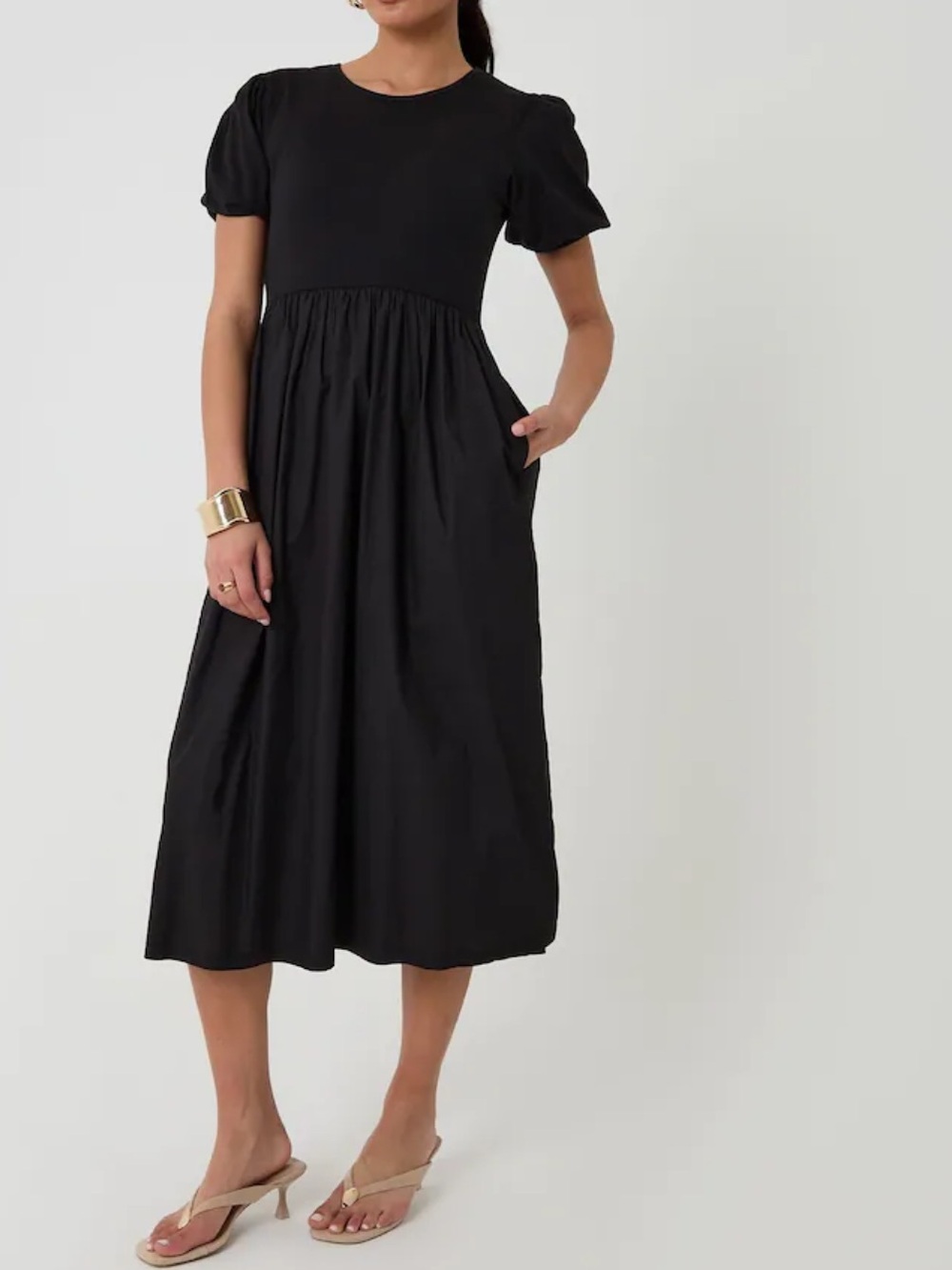 Classic Black Puff-Sleeve Midi Dress